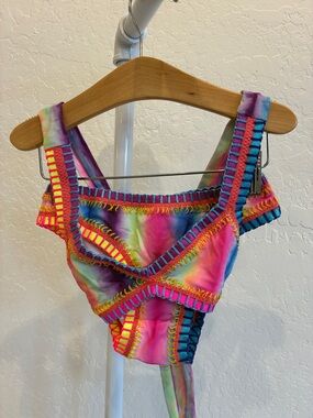 Colorful Tie-Dye Crochet Trim Bikini Top